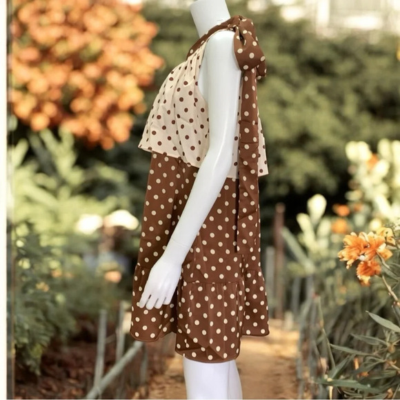 ASOS Y.A.S one shoulder mini dress in chocolate polka dot Size Small - Picture 5 of 12